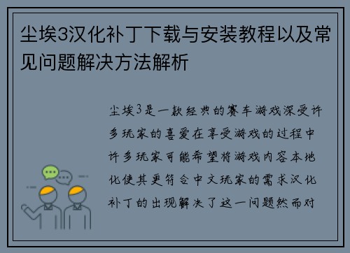 尘埃3汉化补丁下载与安装教程以及常见问题解决方法解析