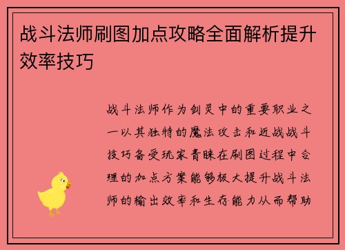战斗法师刷图加点攻略全面解析提升效率技巧